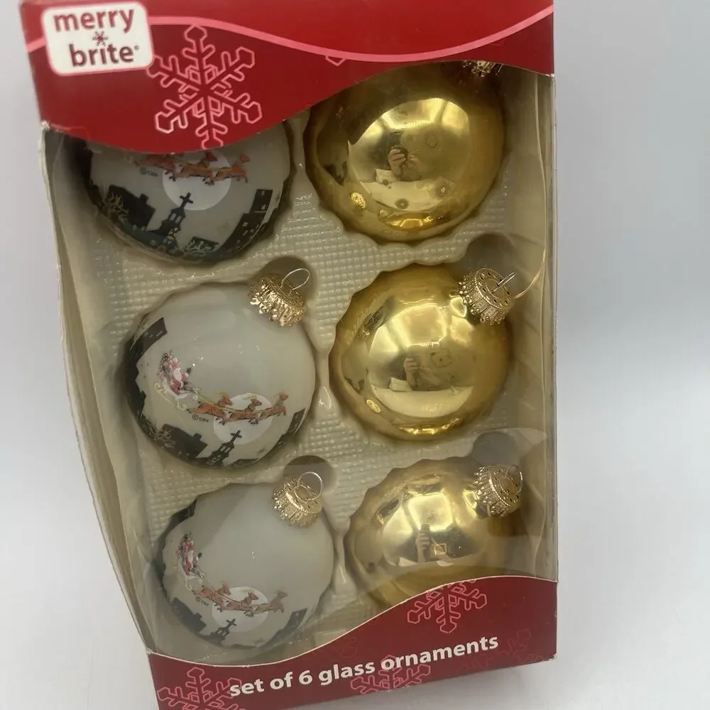 Set 6 CVS Christmas Glass Ball Ornaments Santa Sleigh Reindeer Gold White